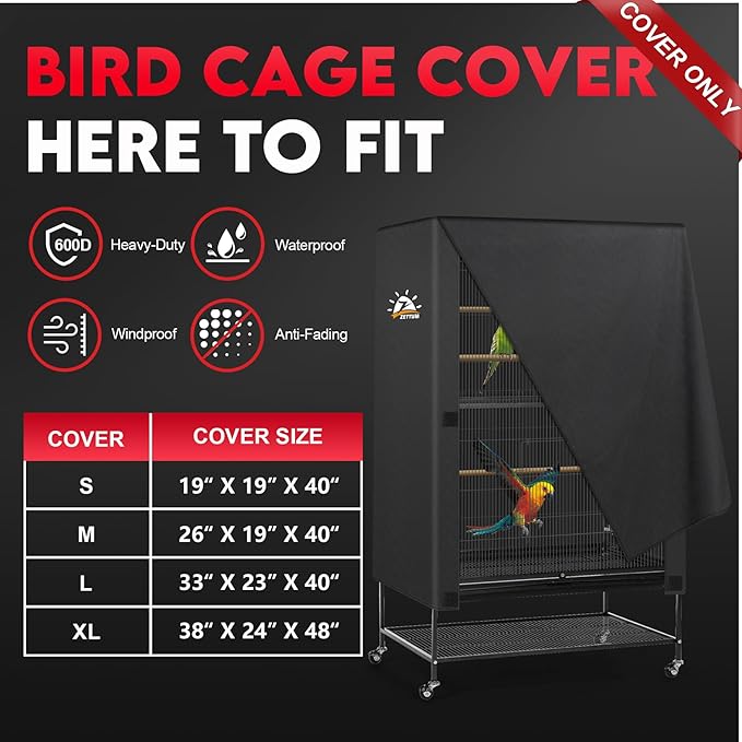 Zettum Bird Cage Cover - 600D Bird Cage Covers for Night Heavy Duty & Waterproof, Fade-Resistant Pet Bird Cage Cover Accessory for Parakeet, Parrot, Cockatiel and More Finches - 19 x 19 x 40 Inch