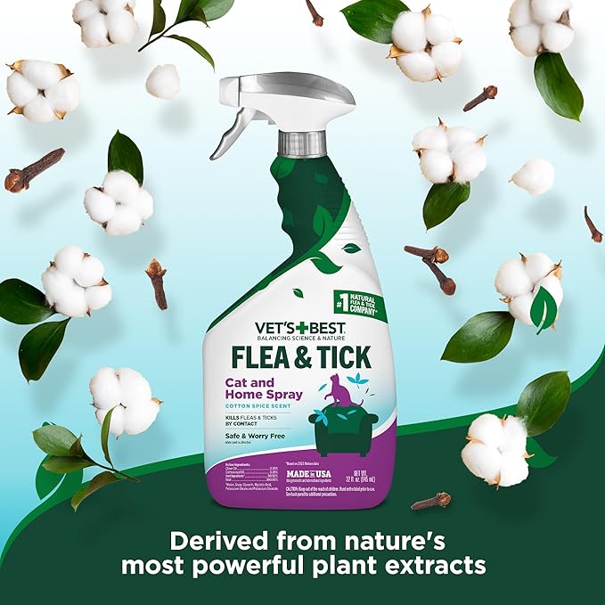 Vet’s Best Flea & Tick Home Spray for Cats – Plant-Based Flea and Tick Treatment with Cotton Spice Scent – Gentle Flea Mist for Indoor Use – Made in USA Natural Cat Flea Control – 32 oz