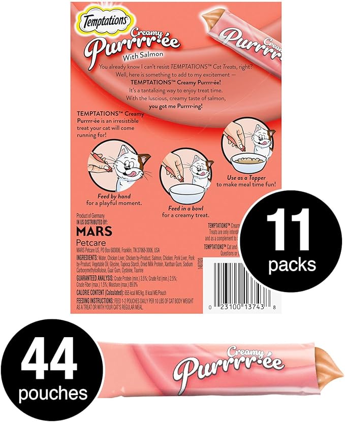 Temptations Creamy Puree Squeezable Lickable Cat Treats, Wet Cat Treats with Salmon, 0.42 oz. Tubes, 4 Count, Pack of 11 (44 Total)