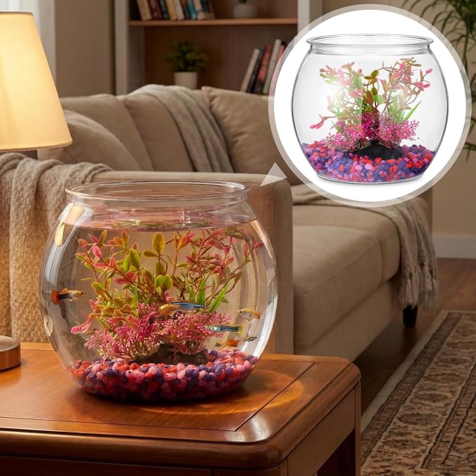 1 Gallon Plastic Fish Bowl with Artificial Plastic Plants and 1 lb Decorative Gravel Shatterproof Clear Round Goldfish Betta Tank, Small Fish Bowl/Aquarium for Table Centerpiece Home Decor