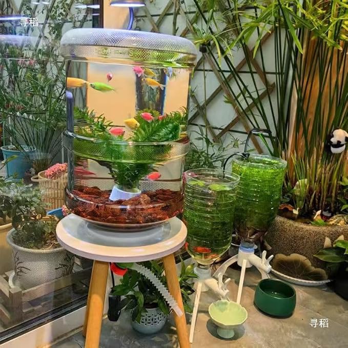 5 Gallon Upcycled Aquarium Kit with Wooden Stand - Eco-Friendly Fish Tank Starter Kit with Easy Drain Valve & Feeding Port for Betta, Turtle or Terrarium