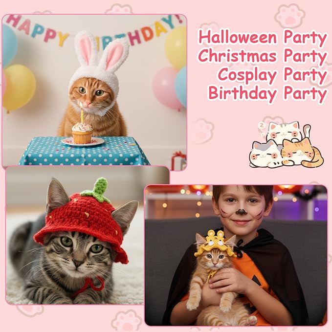 8 Pcs Cat Costume Hats, Cat Costume Halloween Bunny Hat Outfit with Ears, Cute Bear Pet Hat, Funny Pet Hats for Kitten and Small Dogs Puppy Party Christmas Easter Accessory Headwear