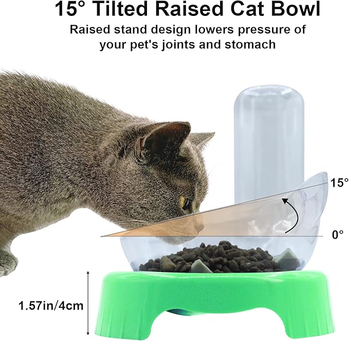 Triple Cat Bowls - 15 Tilt 3-in-1 Water Feeder Bowls with Automatic Water Bottle, Whisker Friendly Elevated Feeding Dishes for Small Cats and Puppies (Mint Green)
