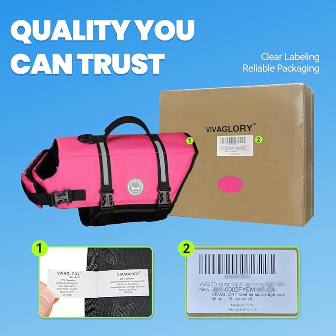 VIVAGLORY Rip Stop Dog Life Vest, Swimming Vest with Handle, Buoyancy for Doggy Puppy, Dog Life Jacket for Swimming & Boating, M, Pink