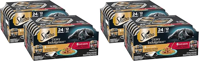 Sheba Gravy Indulgence Adult Wet Cat Food Beef and Chicken Entree in Extra Gravy Variety Pack,2.6 oz. -Pack Trays (,24 Servings),12 Count (Pack of 4)