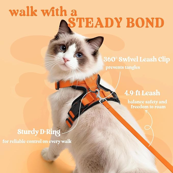 rabbitgoo Cat Harness and Leash for Walking, Escape Proof Soft Adjustable Vest Harnesses for Cats, Easy Control Breathable Reflective Strips Jacket, Orange, S