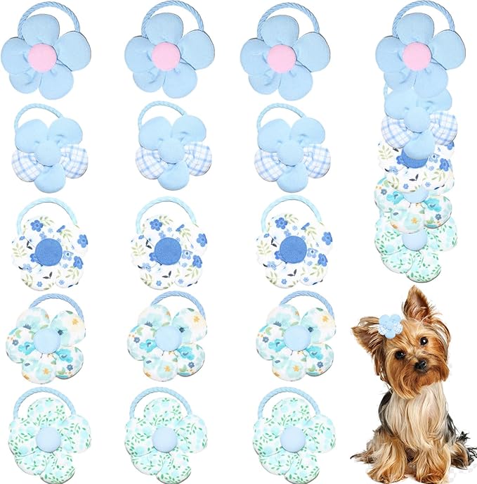 20 Pcs Handmade Cute Puppy Hair Bows, Flower Bowknot with Rubber Bands for Small Dog Hair Ties Accessories Sky Blue