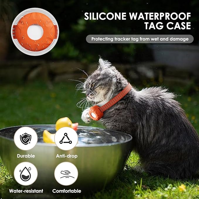 Cat Tracker, GPS Tracker Compatible with Apple Find My App(Only iOS), Waterproof Cat Tracker Collar with Bell and Safety Elastic Buckle, No Monthly Fee Pet Trackers for Vehicles, Pets, Kids,Orange