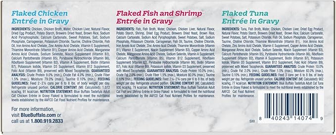 Blue Buffalo Tastefuls Flaked Wet Cat Food Variety Pack, Made with Natural Ingredients, Tuna, Chicken, Fish & Shrimp, 3-oz Cans (12 Count, 4 of Each)