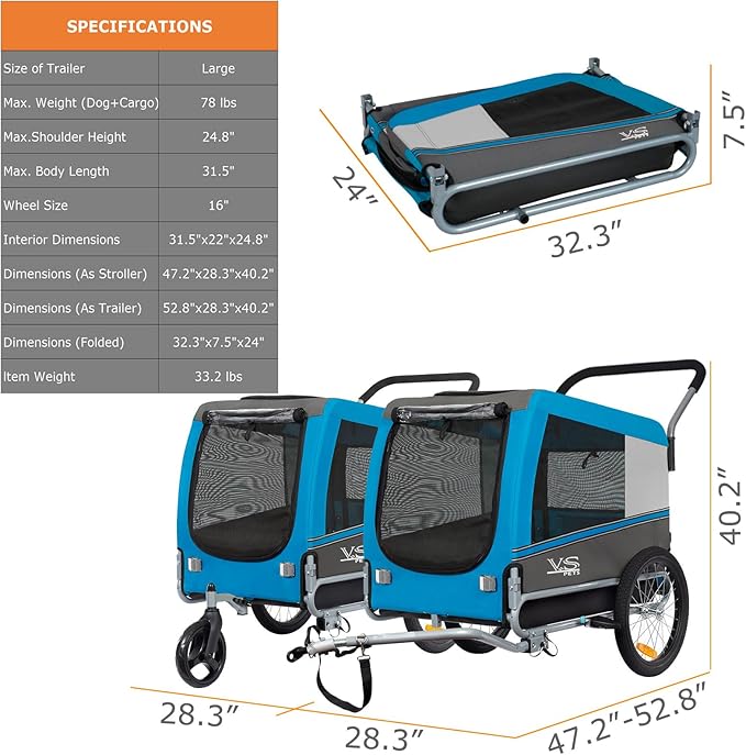 Tiggo Veelar Sports Pets Large Dog Bike Trailer & Stroller for Medium,Large Dog or Multiple Small Dogs, Pet Stroller for Dogs Up to 78 lbs, Parking Brakes, Low Center of Gravity