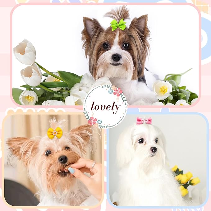 100pcs Assorted Dog Hair Bows,Cute Solid Color Dog Bows for Girl Small Medium Size Dogs,Handmade Puppy Bowknot with Rhinestone Crown Designer and Mix Shapes, Pet Hair Grooming Accessories
