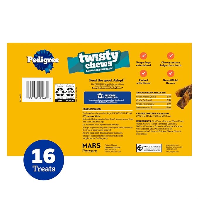 Pedigree Twisty Chews Medium/Large Long-Lasting Dog Treats Chicken & Beef Flavor, 9.17 oz. Pouch, 16 Count