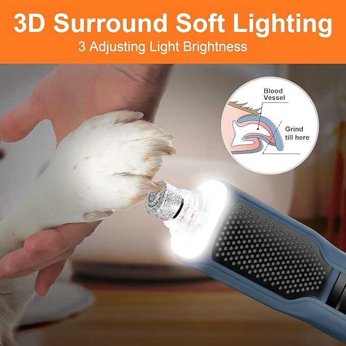 7-Speed Dog & Cat Nail Grinder with Light - Ring LED Safe to Avoid Overcut, Quiet Low Vibration & Powerful Fast, Cordless Rechargeable Toenail Trimmer for Small & Large Puppy Paws