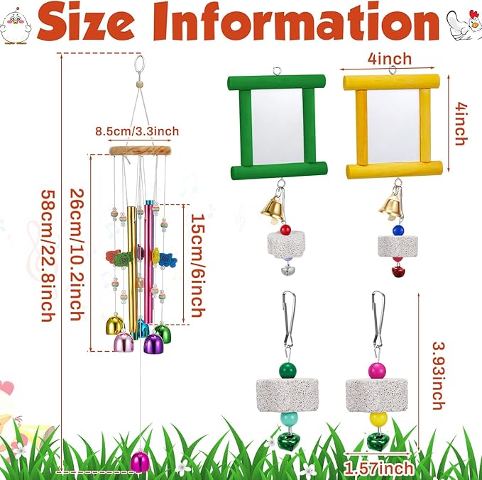 7 Pcs Chicken Toys, Hanging Chicken Wind Chime, 2 Pcs Coop Mirror Toys with Bells 4 Pack Beak Grinding Stones, Musical Coop Accessories for Hens Roosters Chicks Poultry Birds(Yellow，Green)