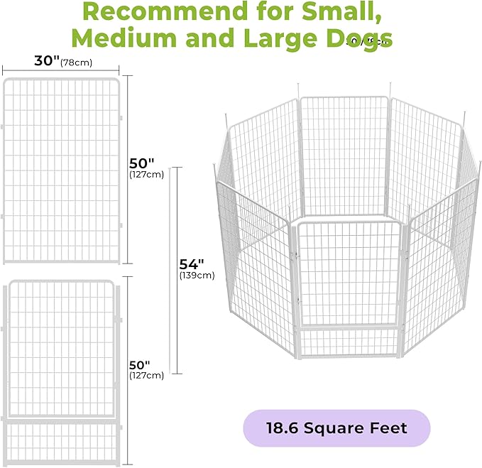 SunsGrove Indoor Dog Playpen with Wider Door, 50 inch 8 Panels Non Slip Dog Pen Indoor, Anti Rust Dog Fence, Free and Safe Play, White