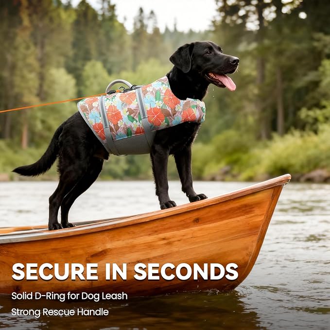 VIVAGLORY Rip Stop Dog Life Vest, Swimming Vest with Handle, Buoyancy for Doggy Puppy, Dog Life Jacket for Swimming & Boating, L, Floral Orange