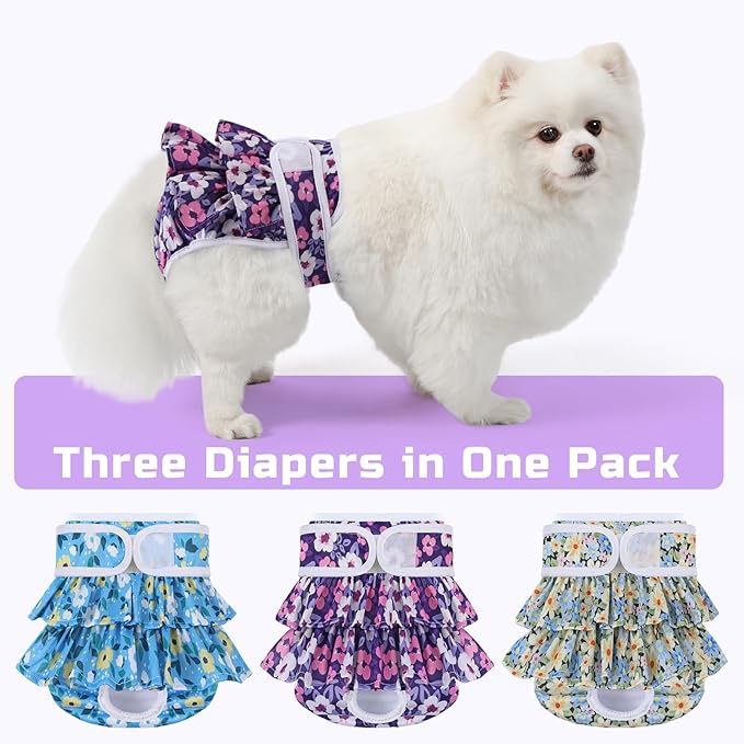 Reusable Dog Diapers Female 3 Pack Doggie Diapers for Period Heat Incontinence Puppy Training (Large, PurpleFlower)