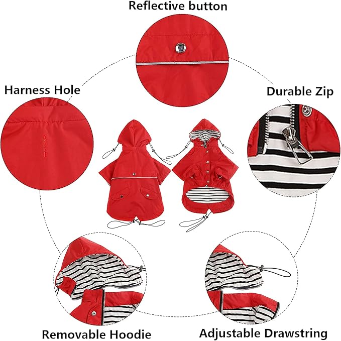 Morezi Dog Zip Up Raincoat with Reflective, Rain/Water Resistant, Adjustable Drawstring, Removable Hood, Raincoats with Legs 8lbs to 80lbs Available - Red - XS