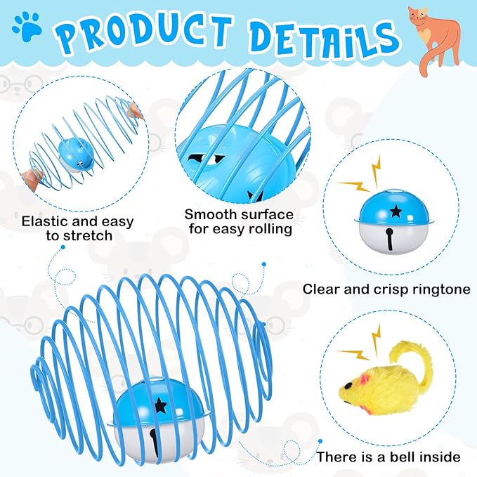Jecery 5 Pcs Cat Spring Balls Toys Stretchable Rolling Balls Colorful Playful Coils Interactive Action Toy Caged Rats for Kitten Pet Supplies (Mouse and Bell,Multicolor)