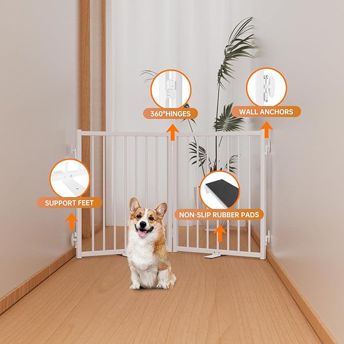 Full Metal Freestanding Gate with Door, 24'' Height Foldable Pet Dog Fence for Indoor & Outdoor, 2 Panels Extra Wide Free Standing Small Dog Gates for Doorways,House,Stairs,Porch,Deck,Yard
