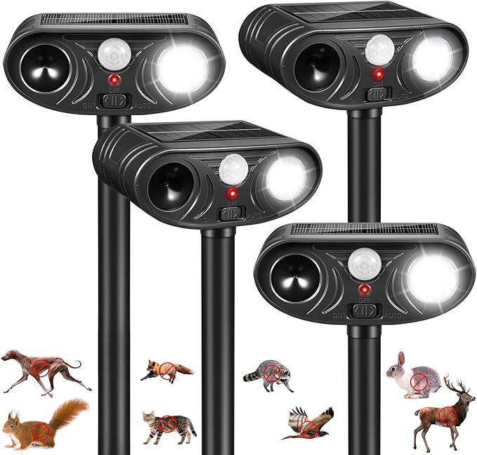 2026 Upgraded Solar Ultrasonic Animal Repellent Deer Cat Squirrel Deterrent Devices Motion Activated with LED Strobe Light Repeller Keep Dog Raccoon Skunk Rabbit Away from Yard Garden Farm 4 Pack