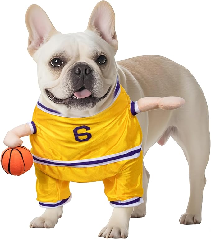 DELIFUR Dog Basketball Player Costume - Pet Halloween Costume Adjustable Funny Dress Up Sports Outfit Cosplay Clothes for Small Medium Dog (Yellow Basketball, Small)