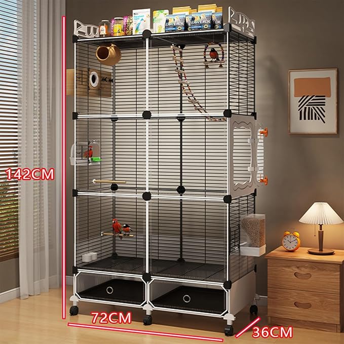 Large Parrot Cage with Acrylic Doors, 4 Casters, Perch & Feeder, Detachable Drawer, Ideal for Cockatiels, Budgies, Conures, Indoor/Outdoor Use – Spacious White Birdcage (Black, 72 * 36 * 142)