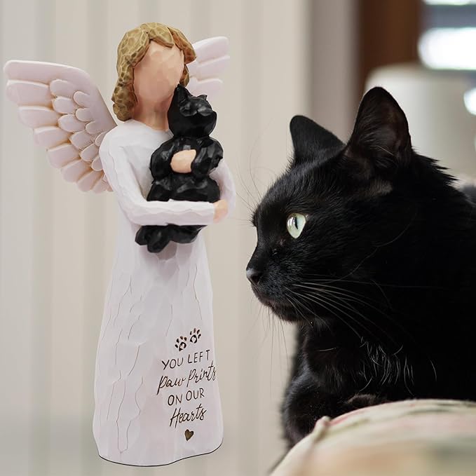 BORLESTA Cat Memorial Gifts for Loss of Cat, Pet Memorial Gifts for Cats, Loss of Cat Sympathy Gift, Passed Away Cat Gifts, Hand-Painted Cat Figurines Angel (Black)
