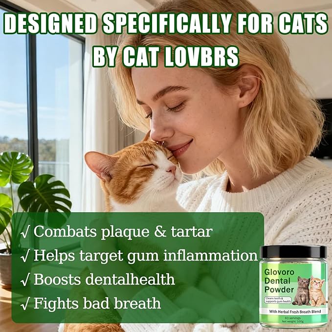 Glovoro Cat Dental Powder, Dental Powder for Cats, Relieve Gum Redness Tartar, Breath Freshener,Daily Dental Care Powder, 100g