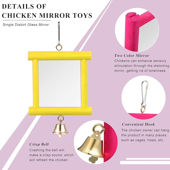 Sumind 2 Pieces Chicken Mirror Toys Hanging Swing Mirror with Bell Wooden Pecking Toy and 4 Pieces Beak Grinding Molar Stones for Hens Birds Parrots