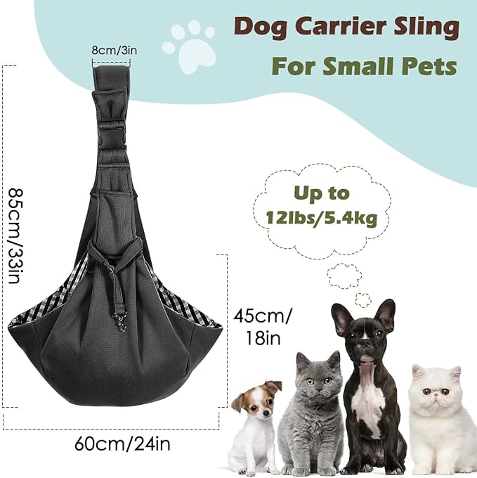 Pawaboo Small Dog Sling Carrier, Reversible Hands Free Dog Sling Carriers for Small Dogs and Cats, Puppy Slings Carrier with Adjustable Strap Buckle & Safety Harness, Puppy Essentials, Black