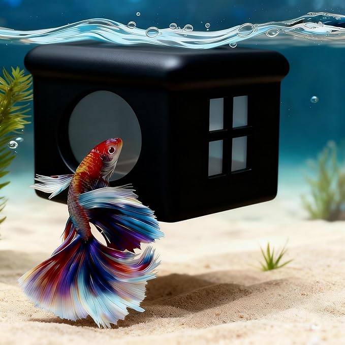 Black Floating Betta Fish Hideout with Window – Sleek 3D Fish Breeding Box & Shelter – Floating Feeding Platform for Betta Tanks – Rest Cave Decor for Small Aquariums (3.67"x2.87"x2.16")