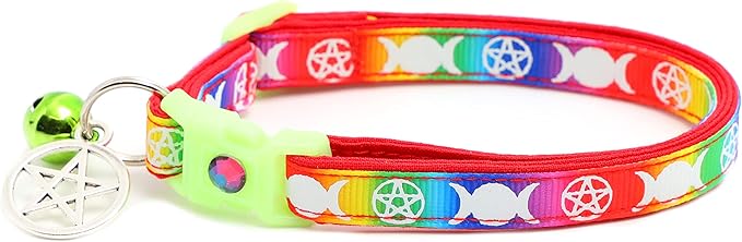 Wicca Cat Collar with Occult Charm & Bell | Witch’s Familiar Cat Collar | Witch Kitten Collar Charms | Glow in The Dark | Safety Breakaway Collar (Large(10lbs & Up), Rainbow)