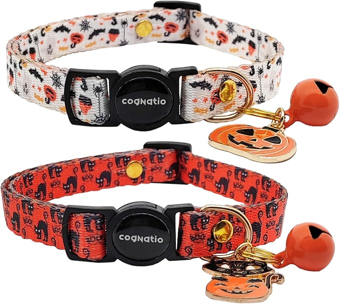 2 Pack Breakaway cat Collars with Bell,Safety Quick Release Pendant Cute Kitten Collar,Adjustable 20-30cm (Halloween2, 20-30cm)