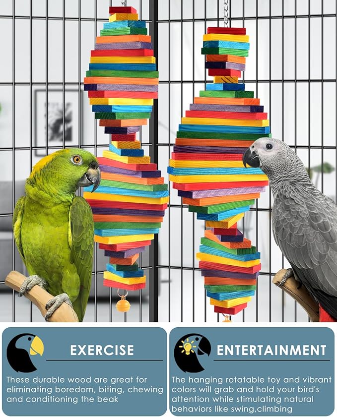 Bissap 2 PCS Bird Chew Toys, Multicolored Bagel Cascade Bird Parrot Chewing Sticks Biting Wooden Blocks Toy for Medium Amazon Cockatiels Cockatoos Macaws and Similar Sized Pet Birds