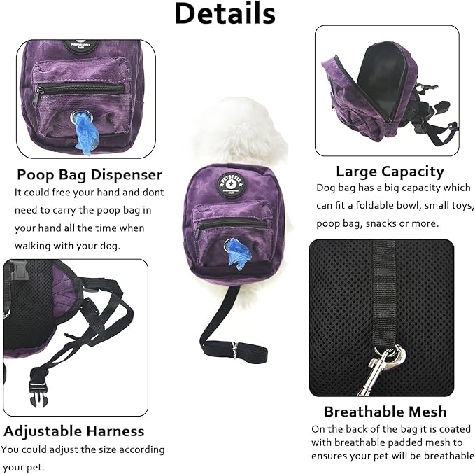 FLAdorepet Dog Backpack Harness with Leash, Dog Poop Bag Dispenser, Pet Self Carrier Adjustable Travel Hiking Walking Harness Backpack for Small Medium Dogs (L(Fit:10-15lb), Purple)