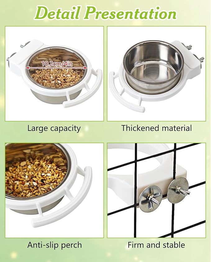 BNOSDM Hanging Stainless Steel Bird Bowls 4 PCS Bird Feeding Dish Cups with Perch Stand Parrot Food Container Food and Water Bowls with Spoon for Budgie Cockatoo Finch Lovebirds Pigeons (White)