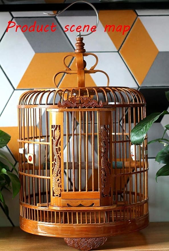Bamboo Carved Bird Cage Traditional Chinese Style Boutique Thrush Bird Cage Garden Hanging Decor