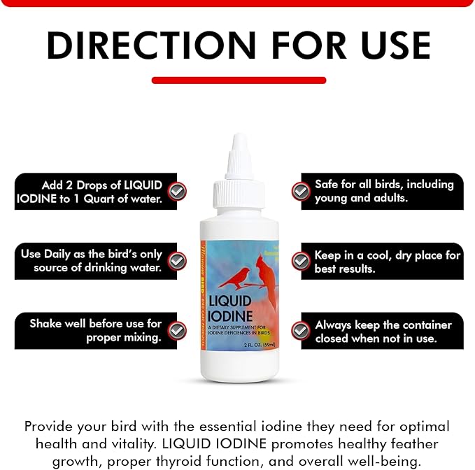Morning Bird Liquid Iodine for Birds 2 fl oz – Iodine Mineral Supplement – Supports Feather Growth, Molting, Energy & Healthy Thyroid Function – Easy-to-Use Drops