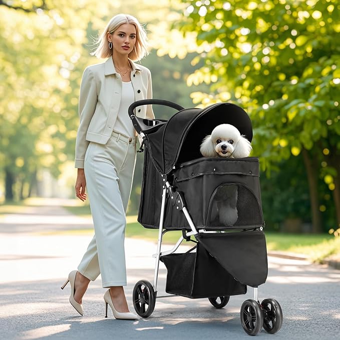 DUMOS 3 Wheels Pet Stroller for Small Dogs and Cats – Foldable Dog Stroller with Mesh Windows, Storage Basket & Cup Holder, Lightweight & Durable Pet Carrier for Travel, Outdoor Use – Black