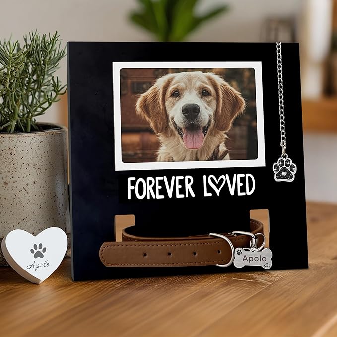 MYPAWLETS Pet Collar Memorial Frame with Pawprint Charm,Dog Memorial Gifts,Loss of Dogs Sympathy Gift,Remembrance Picture Frame for Cat & Dog Collars-L Black