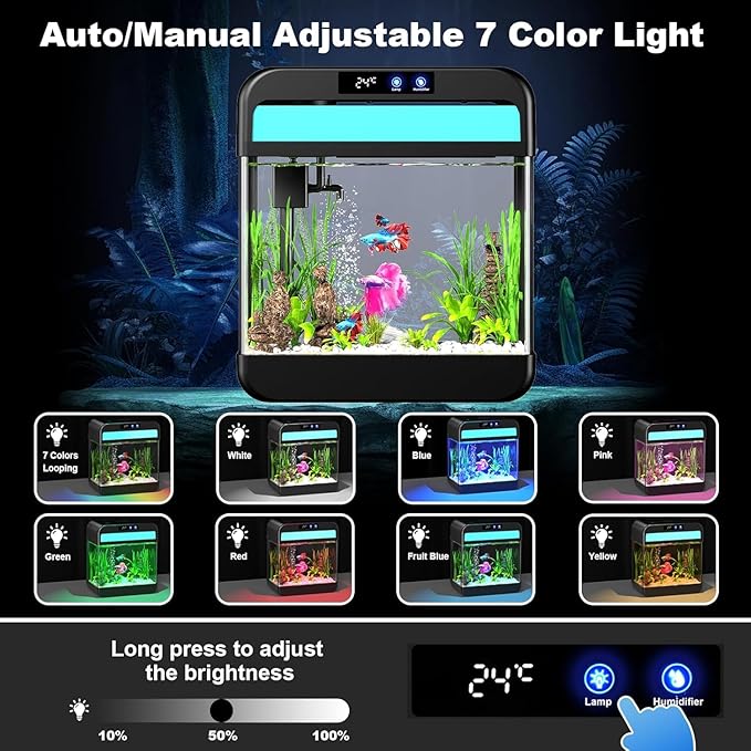 Fish Tank 2.2 Gallon,Small Fish Tanks Kits,Aquarium Fish Tank Starter Kit with 3-in-1 Silent Pump and 7 Color Led Light,with Temperature Display,for Fish,Shrimp,Betta(Black-2.2 Gallon)