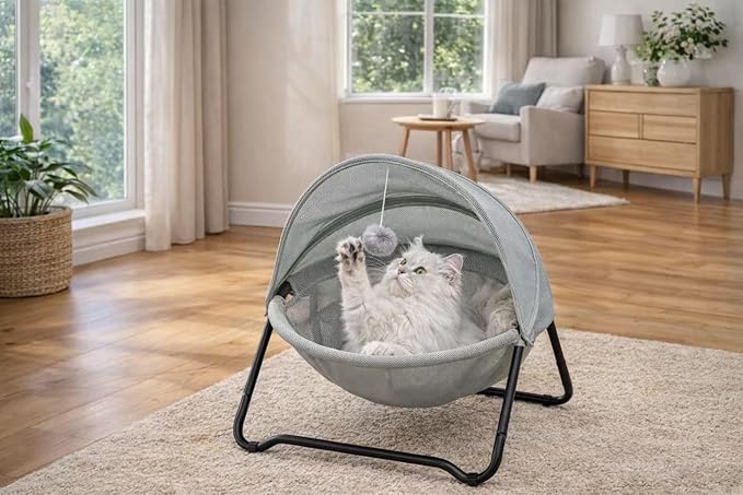 Cat Bed Cat Hammock Bed Elevated cat Bed, Comfortable and Breathable Pet Bed with Awning and Plush Toy, No-Tools Assemble, Cover Removable and Washable, Suitable for Indoor and Outdoor Use