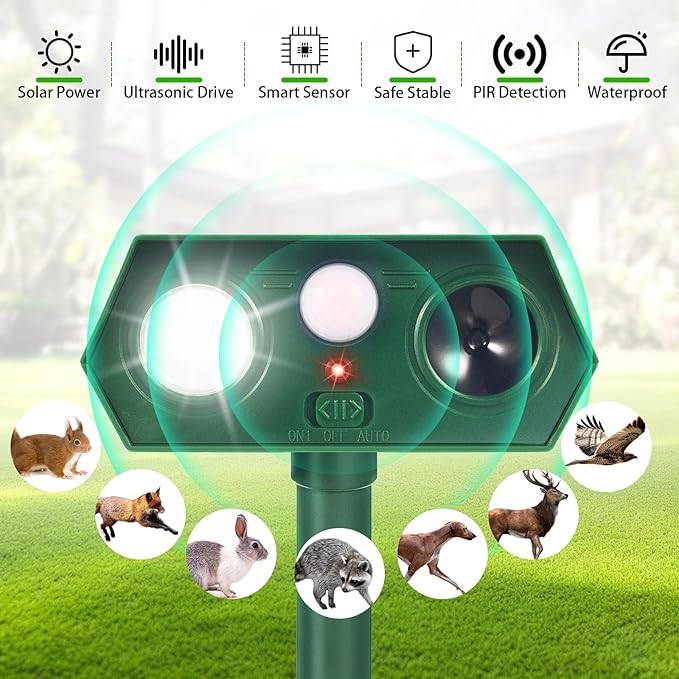 2026 Upgraded Solar Ultrasonic Animal Repellent Cat Deterrent Outdoor Motion Activated with Flash Light Repeller Keep Squirrel Deer Dog Raccoon Skunk Rabbit Away from Yard Garden Lawn 4 Pack
