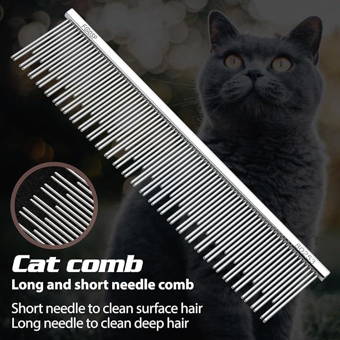 6.1" Cat Carding Dual Tooth Comb for Long Haired Cats & Dogs Ragdoll Round Corners Prevent Friction and Breakage Chrome Finish(M, Dual)