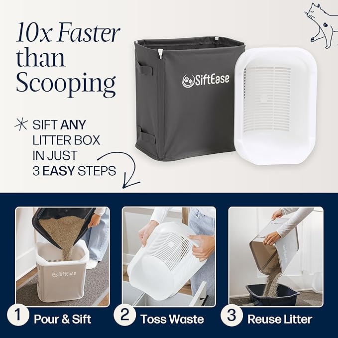 Cat Litter Sifter - SiftEase Litter Box Sifting, Fast & Easy Scoop Free Cleaner, Large Sifter with Bin for Longer Lasting Litter (Dark Grey)