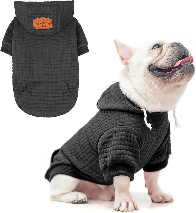 BEAUTYZOO Small Dog Hoodie Sweater with Pockets, Dog Clothes for Small Medium Dogs Boy Girl, Waffle-Like Laminated Cotton Pet Coats with Hat and Leash Hole, Black ML