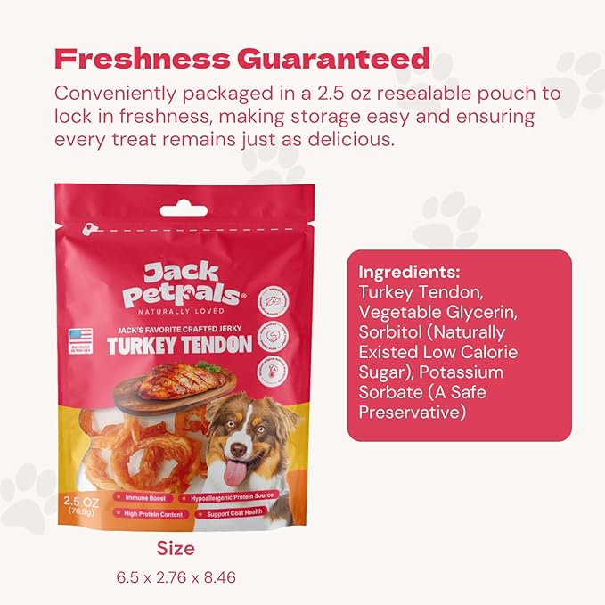 Jack’s Favorite Crafted Jerky Turkey Tendon - Premium Natural Turkey Tendon Jerky for Dogs - High Protein, Low-Fat - Supports Coat & Immune Health - Training Treats - 2.5 oz - 1 Pack