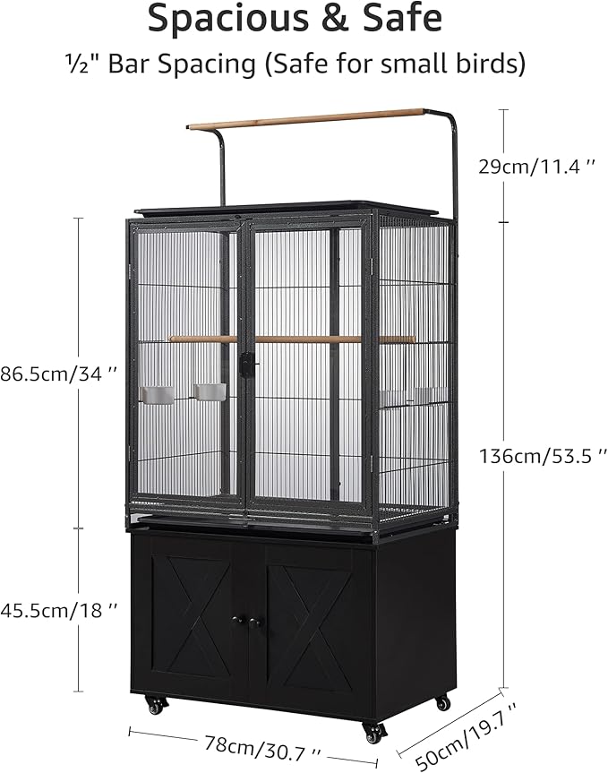 beeNbkks 65" Bird Cage with Storage Cabinet & Clear View Front Doors, Rolling Metal Parakeet House with Stand, Large Parrot Aviary for Cockatiels Conures Budgies, 0.5" Bar Spacing, Deep Grey
