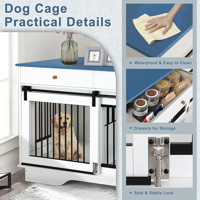 Dog Crate Furniture for 2 Dogs, Dog Kennel with 2 Storage Drawers & Divider, Large Double Dog Cage As TV Stand, Furniture Style Dog Crates with Sliding Barn Door (Blue & White)